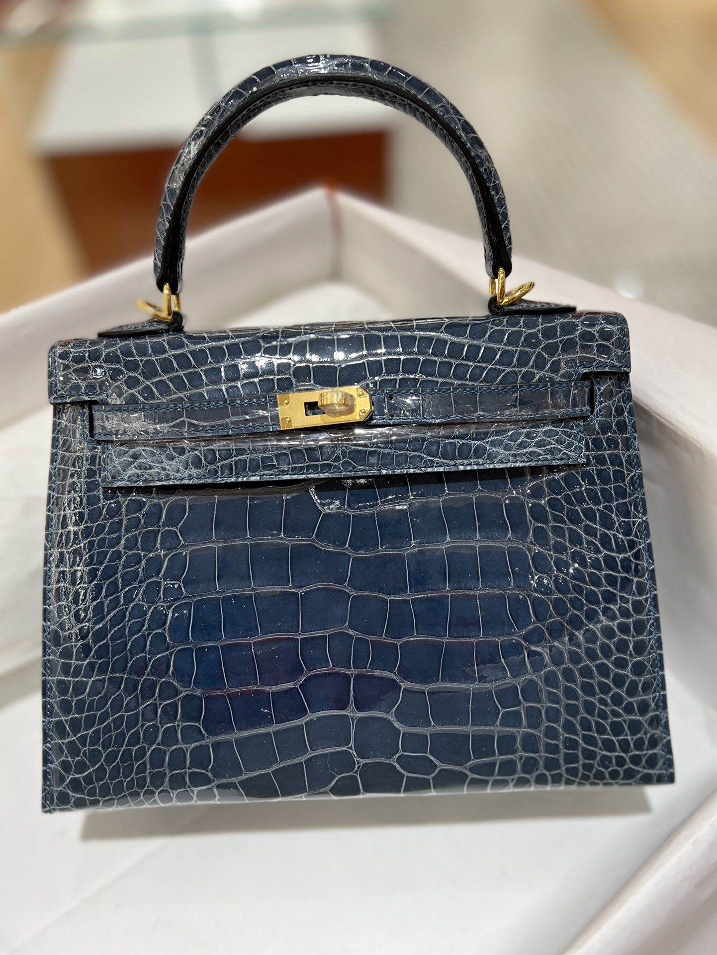 Hermes Kelly 25cm Handbag Shoulder Bag In Blue Nuit Shiny Crocodile Niloticus Leather